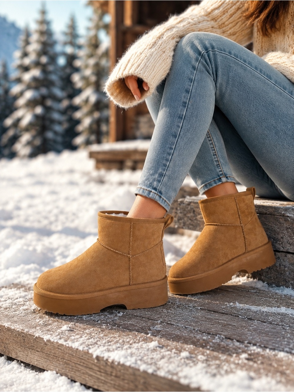 Shibever Women’s Platform Mini Boots Tan Faux Suede Fur Lined Size 10